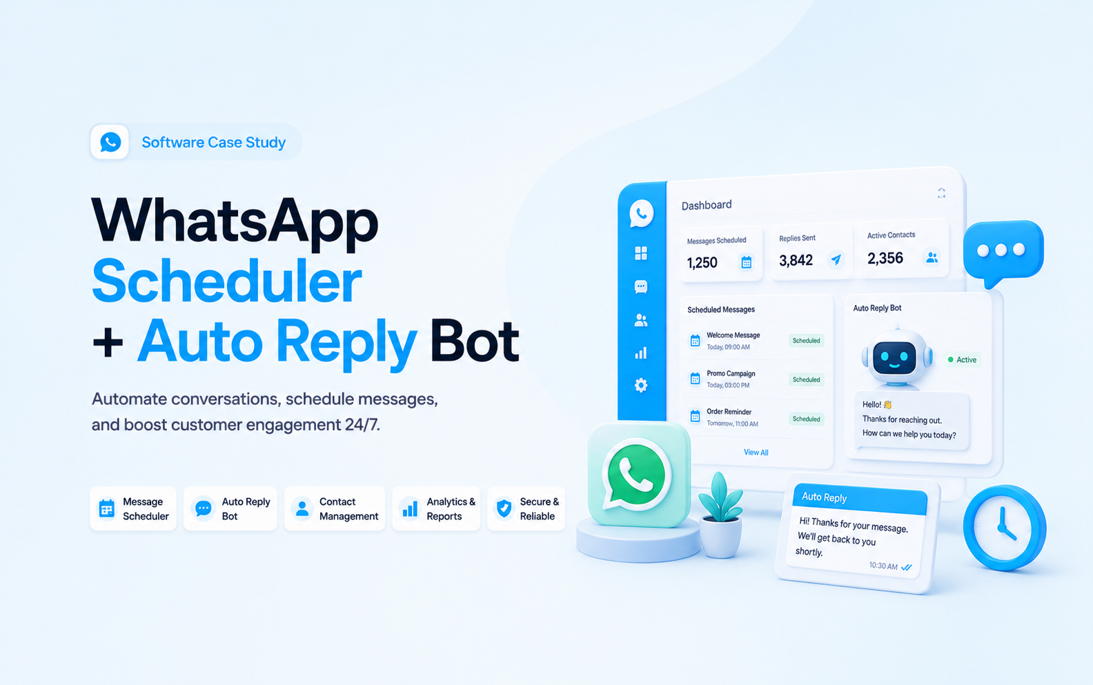 WhatsApp scheduler and auto reply bot dashboard with message templates, chatbot, delivery analytics, and scheduling clock