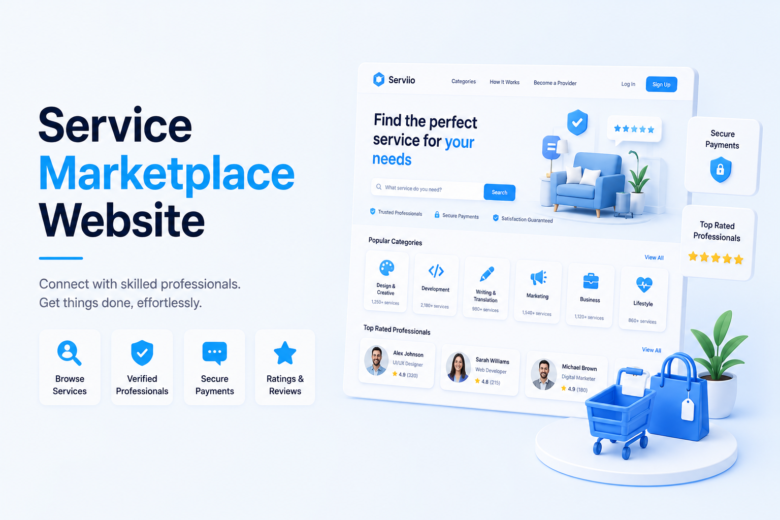 Service marketplace website mockup with provider search, service categories, professional profiles, ratings, and booking interface