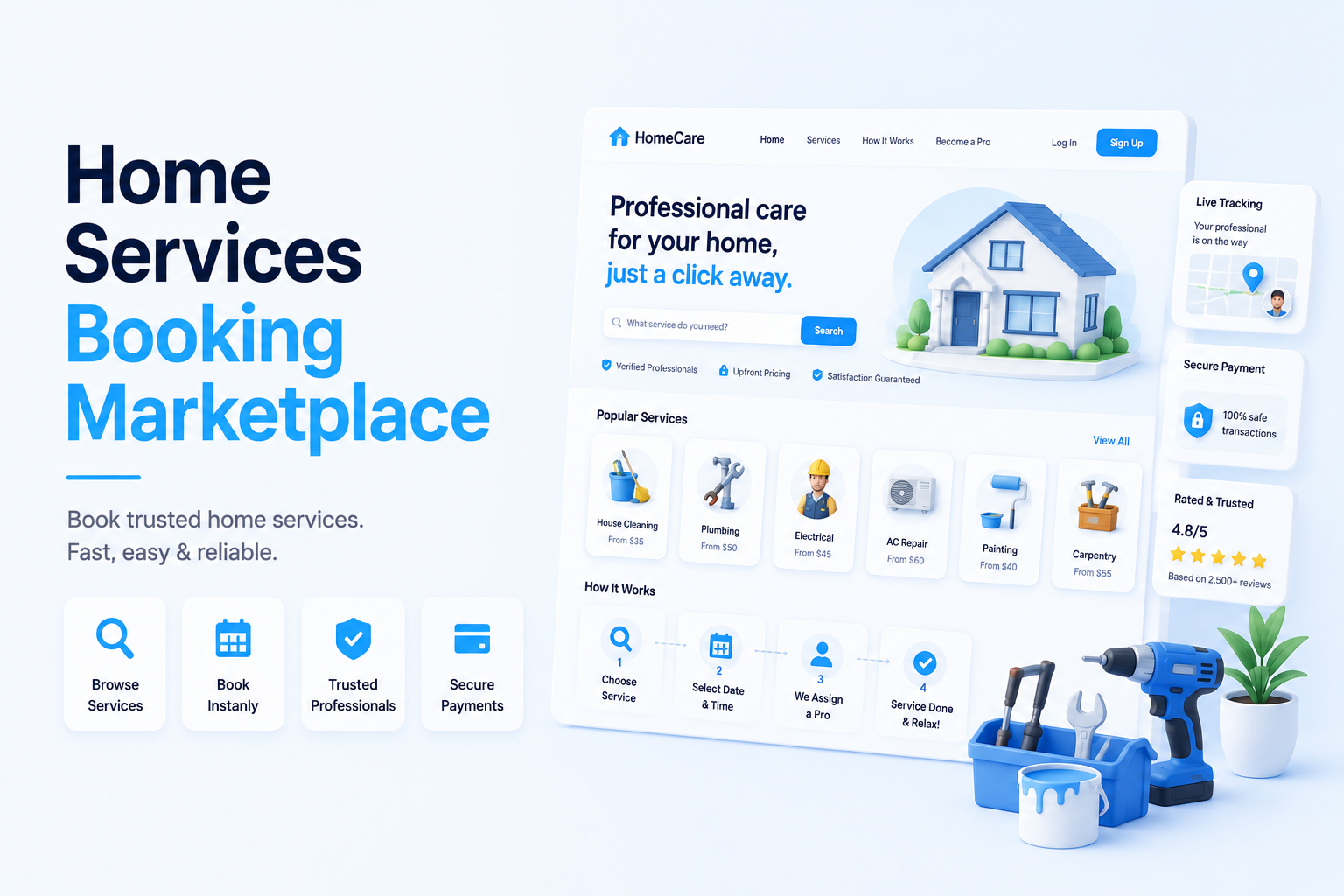 Home services booking marketplace with service listings, provider profiles, scheduling interface, ratings, and house illustration