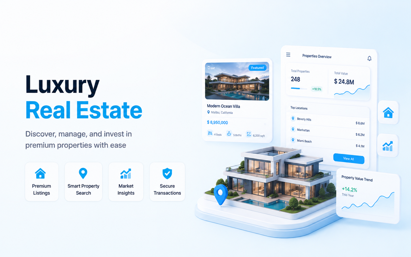 Luxury real estate platform mockup with premium property listing, villa model, market dashboard, and mobile interface