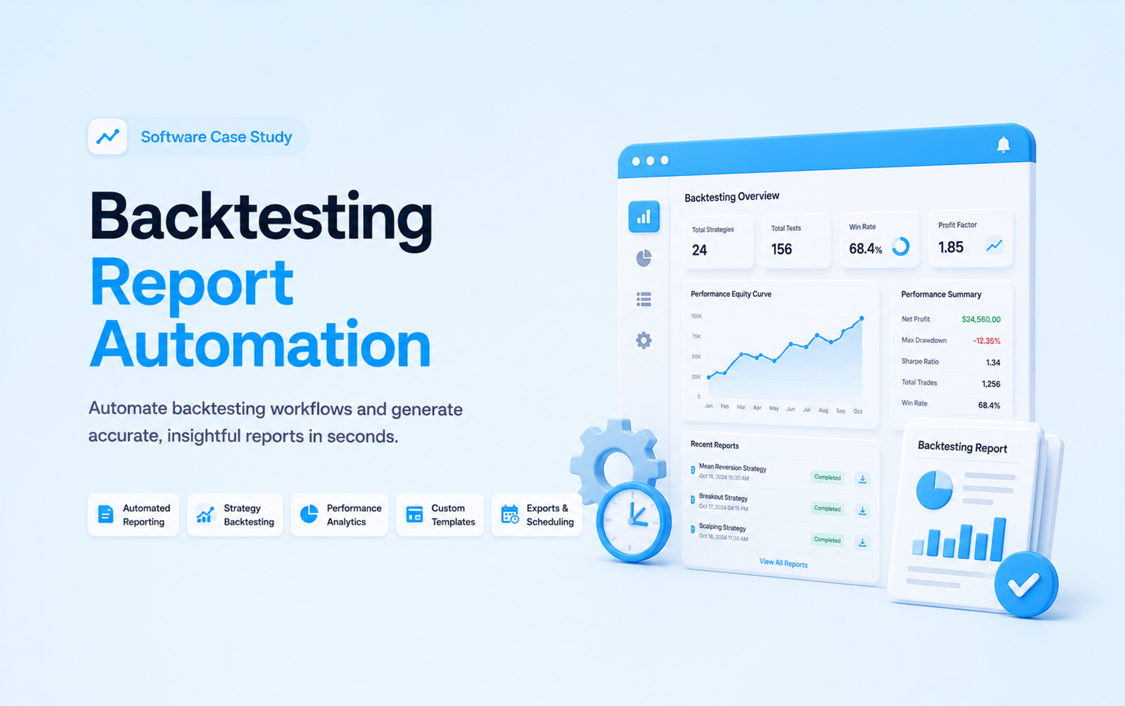 Backtesting report automation dashboard with performance metrics, equity chart, comparison reports, analytics, and scheduled processing