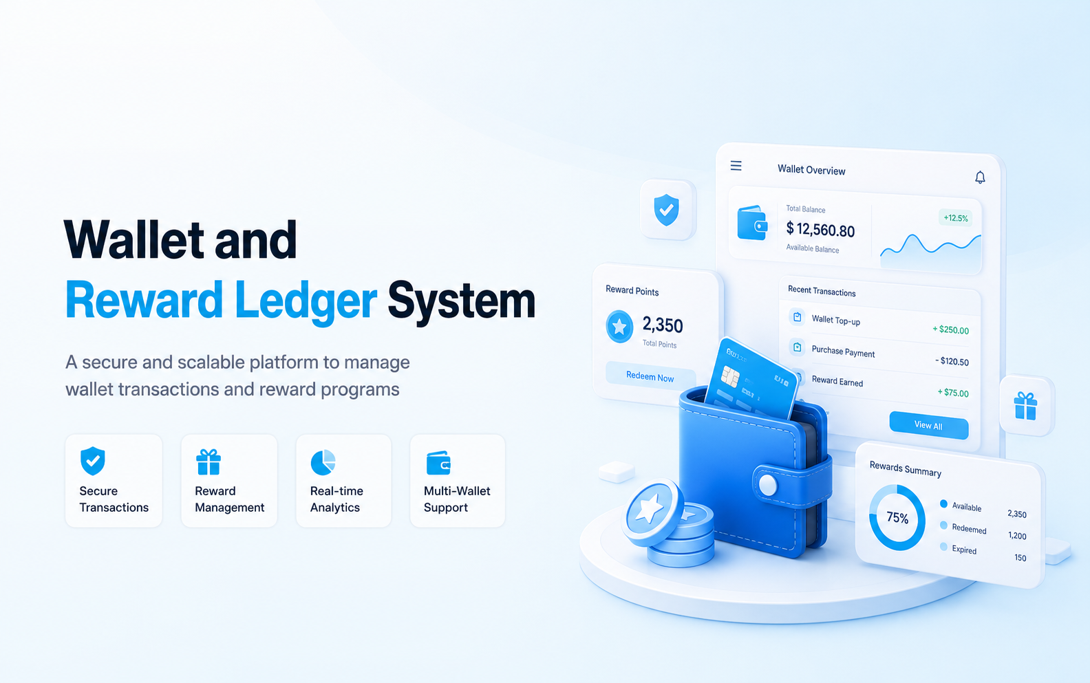 Wallet and reward ledger mockup with balance dashboard, digital wallet, coins, transfers, and reward features