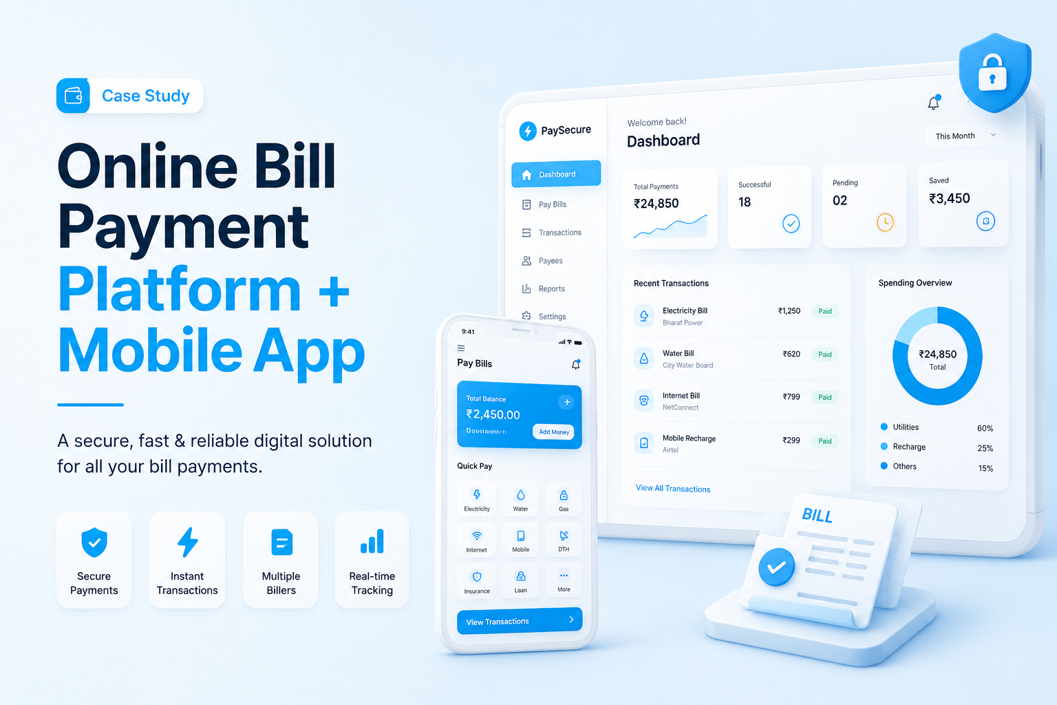 Online bill payment platform mockup with mobile app, payment dashboard, transaction tracking, and secure checkout