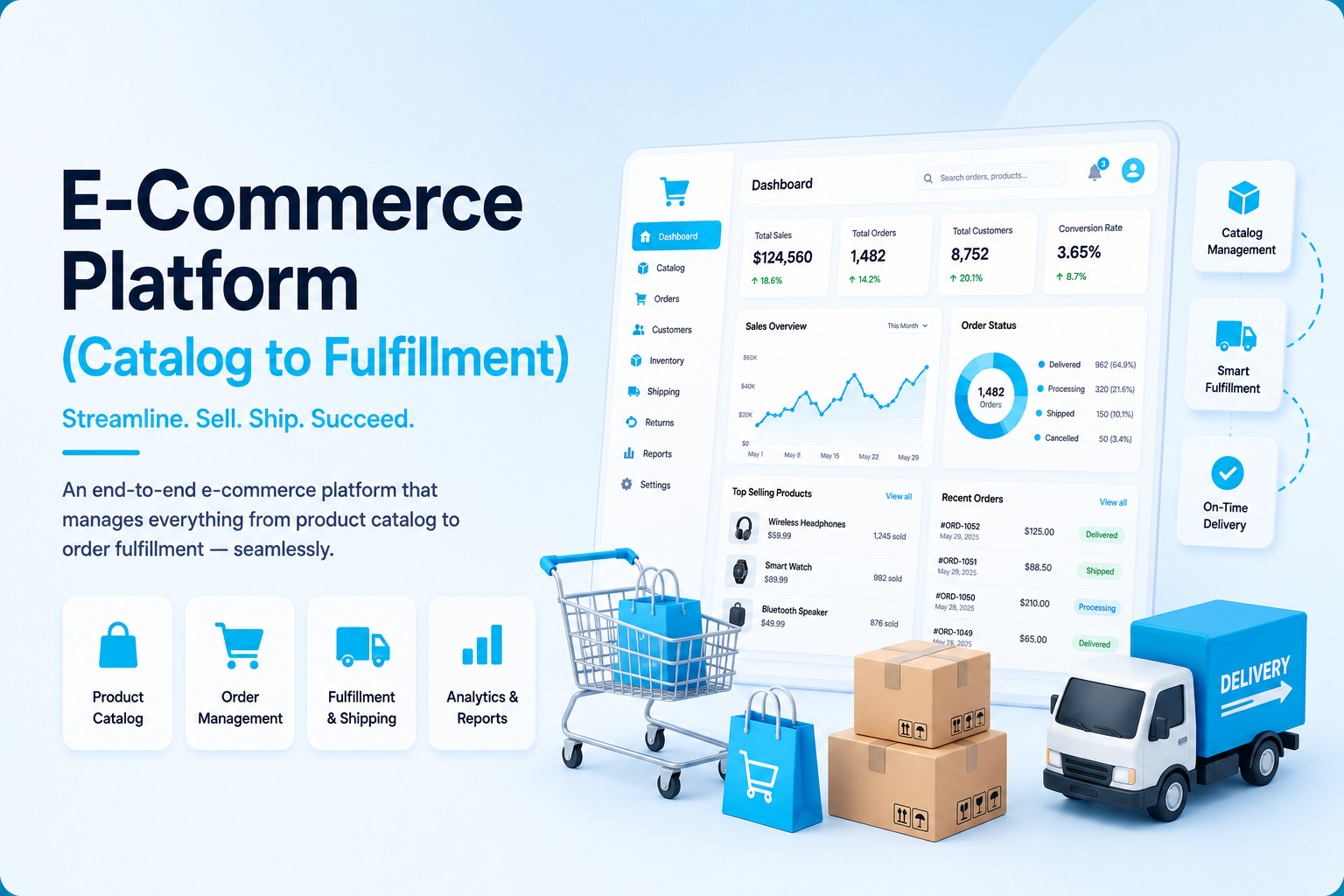 E-commerce operations dashboard mockup with catalog, orders, analytics, shopping cart, packages, and delivery truck