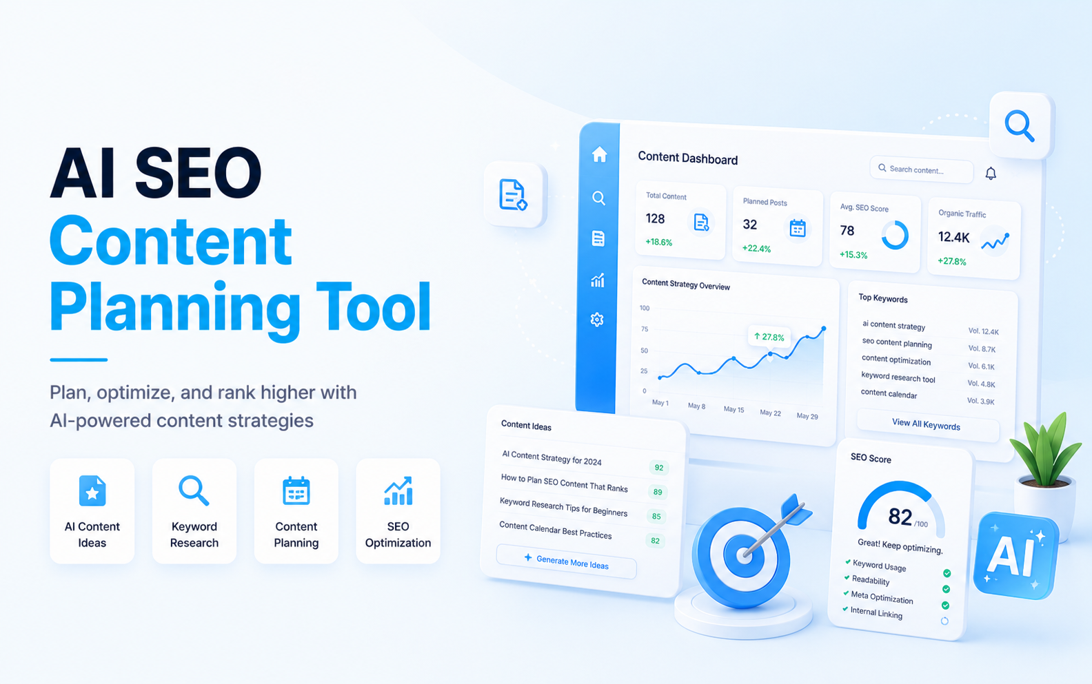 AI SEO content planning dashboard with keyword research, topic clusters, content briefs, analytics, and target icon