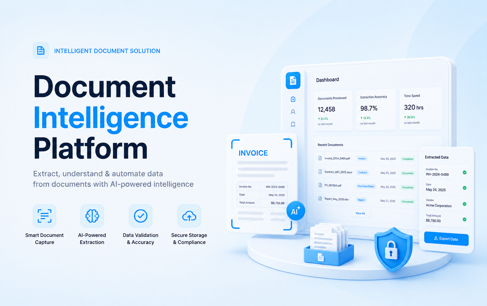 Document intelligence platform mockup with extraction dashboard, invoice document, review table, and secure processing