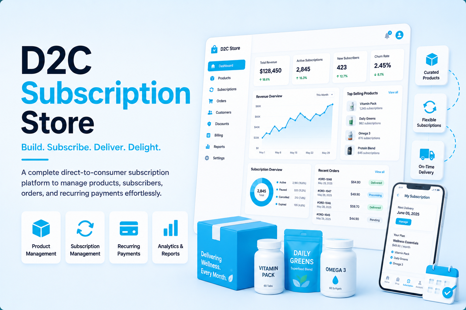 D2C subscription store mockup with recurring order dashboard, mobile app, product boxes, and subscription features