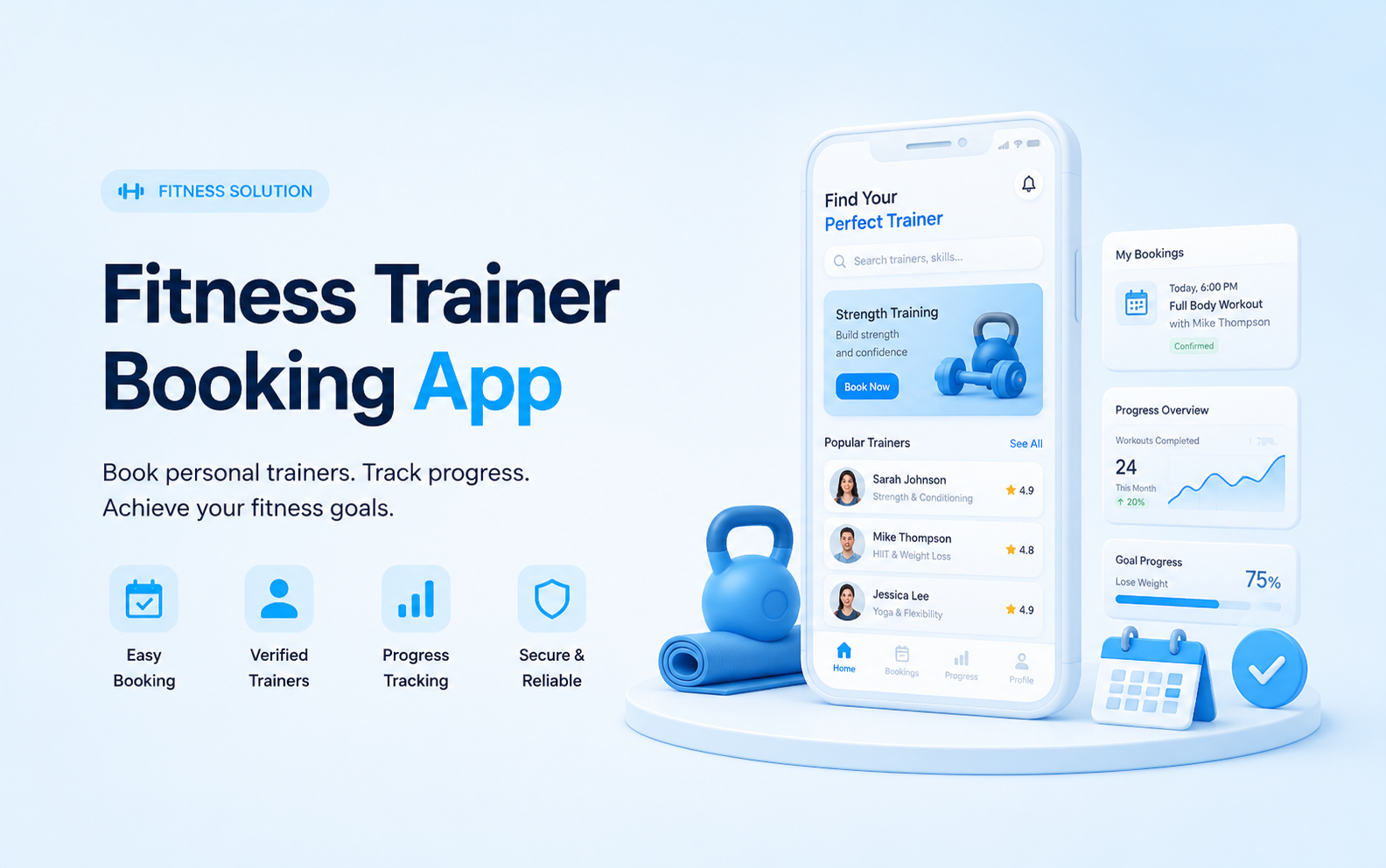 Fitness trainer booking app with trainer profiles, session schedule, mobile interface, progress dashboard, and fitness equipment