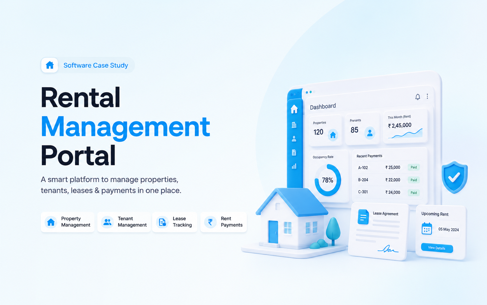 Rental management portal mockup with tenant dashboard, property records, lease metrics, payments, and house illustration