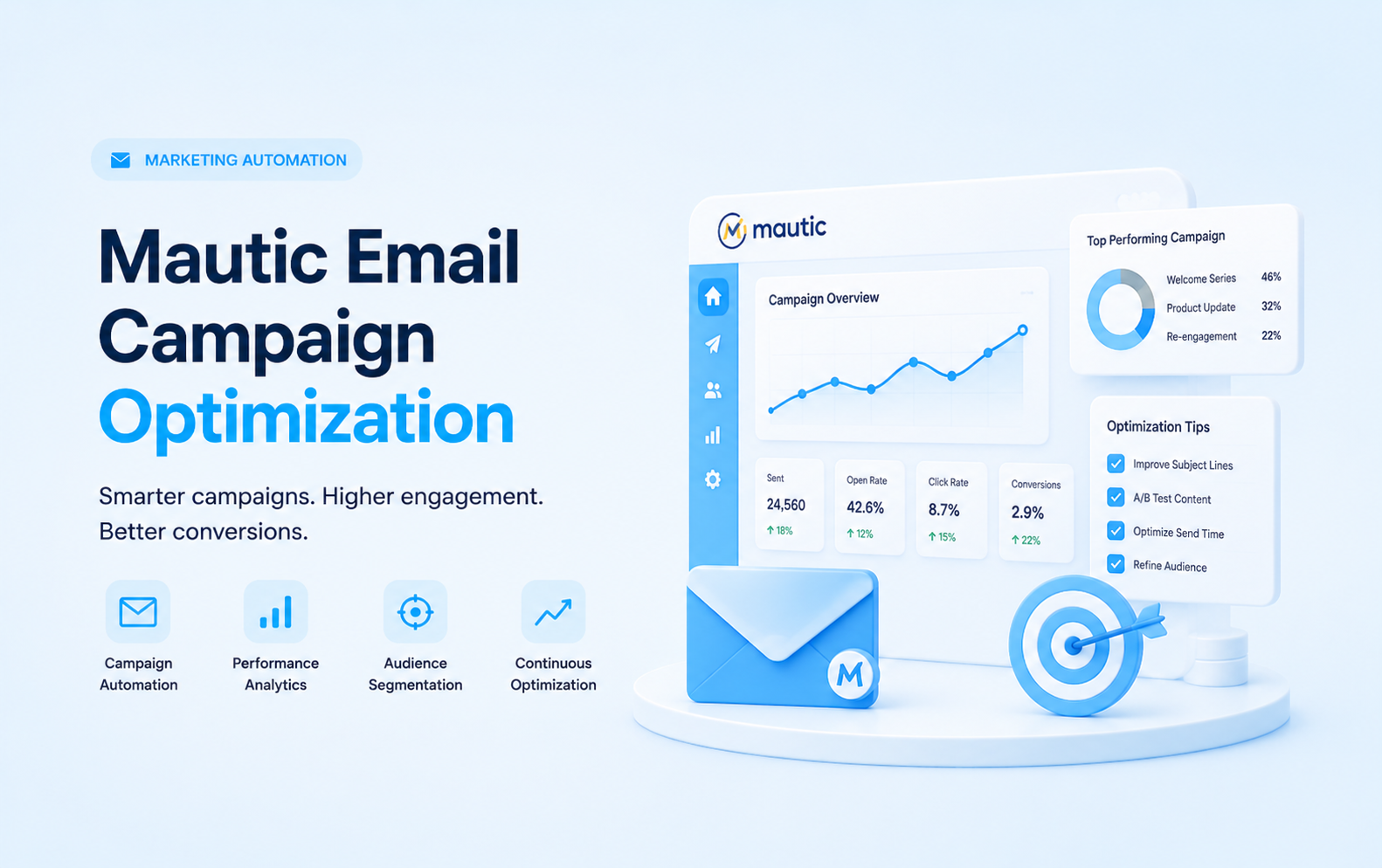Mautic email campaign optimization dashboard with deliverability metrics, performance charts, email, target, and campaign controls