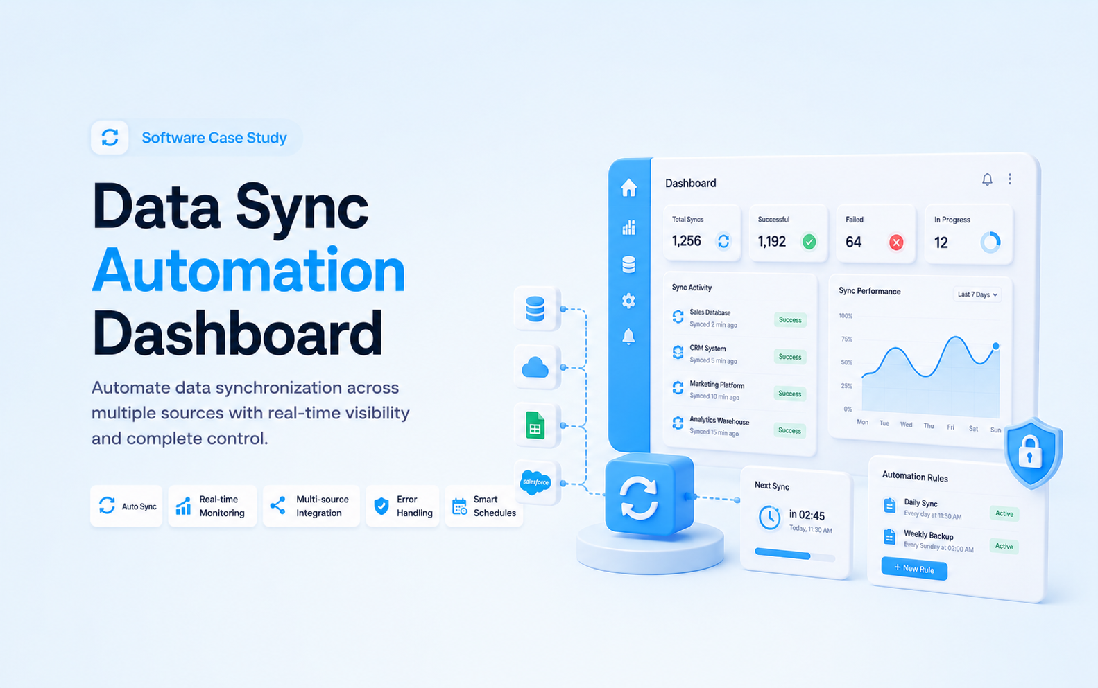 Data sync automation dashboard with integration jobs, health metrics, sync controls, connected applications, and security
