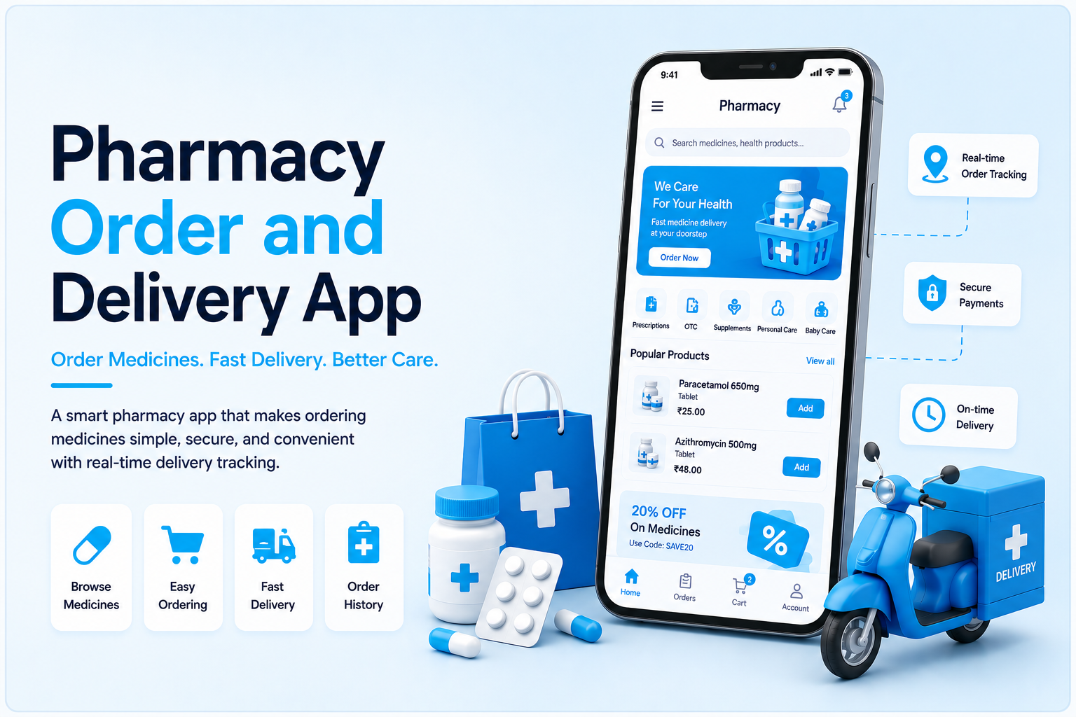Pharmacy delivery app mockup with medicine catalog, prescription ordering, mobile checkout, and delivery scooter