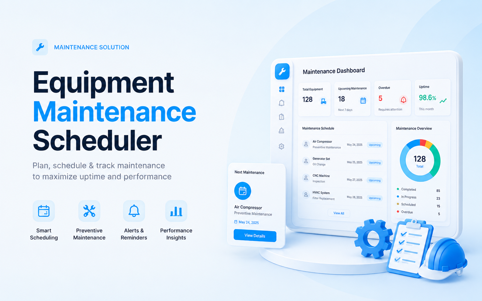 Equipment maintenance scheduler mockup with service dashboard, maintenance calendar, tools, safety helmet, and status metrics