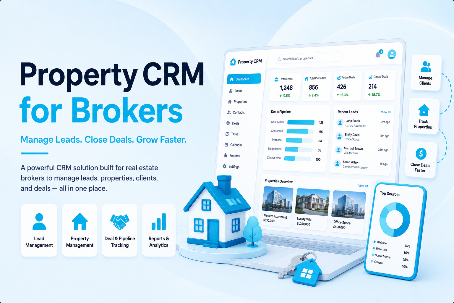 Property CRM dashboard for brokers with lead pipeline, property listings, analytics, mobile app, and house illustration