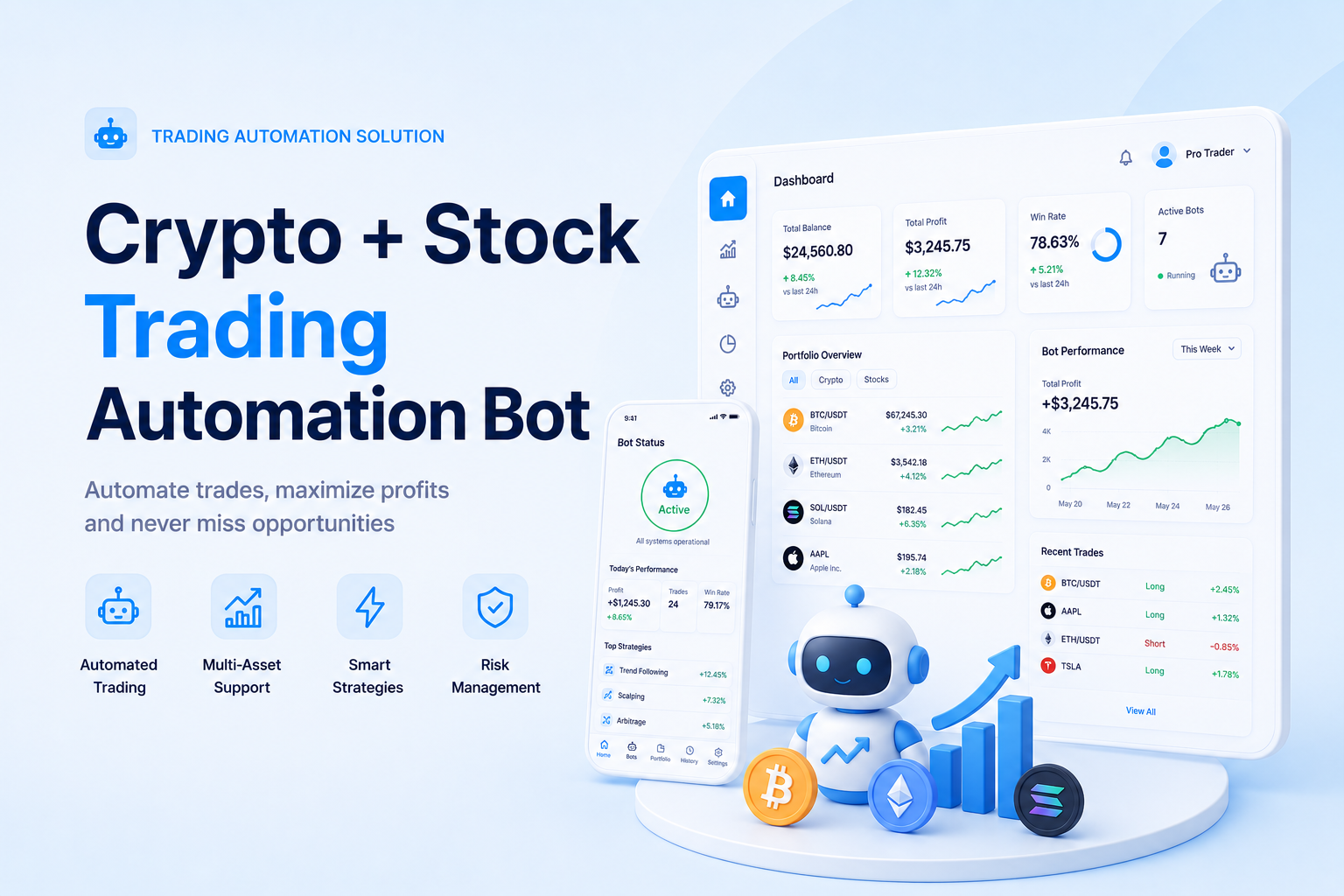 Crypto and stock trading automation bot dashboard with strategies, market metrics, execution controls, robot, and tokens