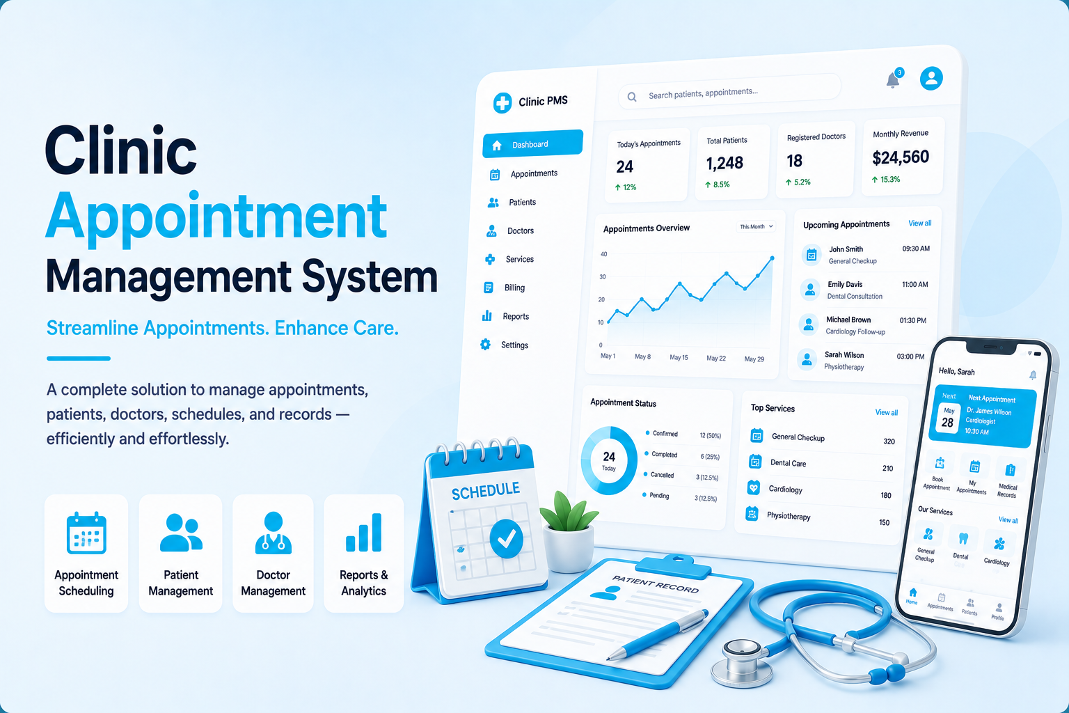 Clinic appointment system mockup with scheduling dashboard, mobile calendar, patient records, and medical equipment