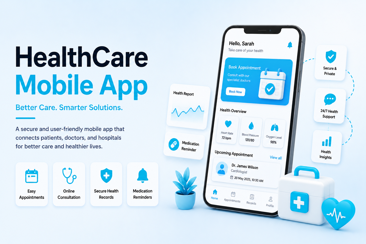Healthcare mobile app mockup with patient dashboard, doctor appointment interface, medical records, and support features