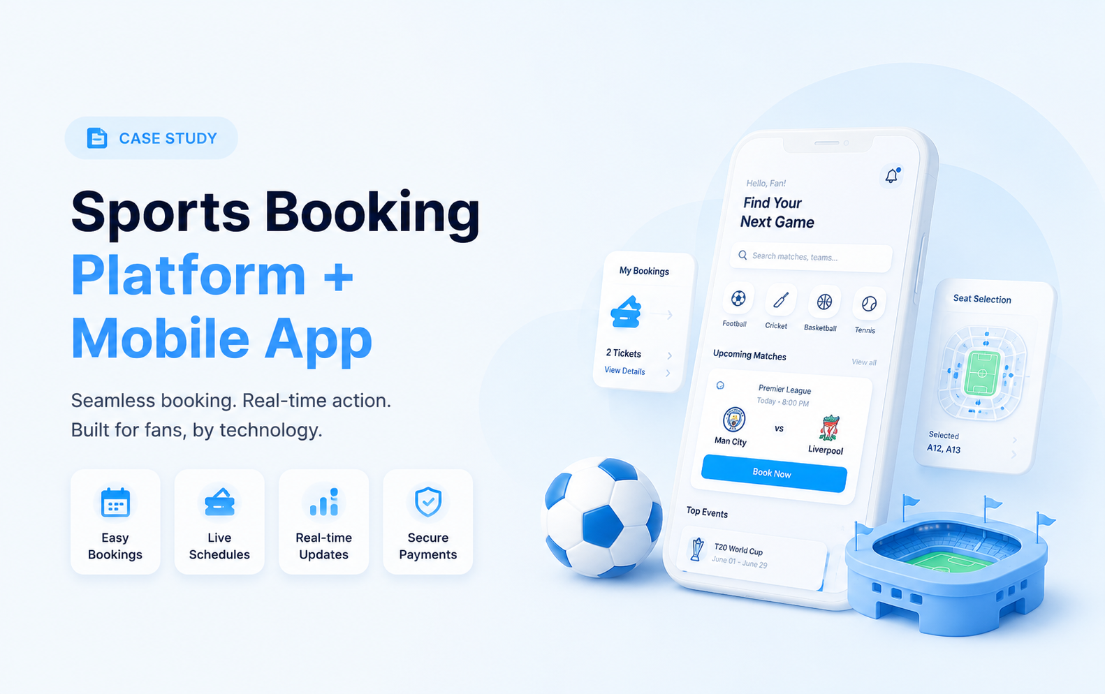 Sports booking platform mockup with venue search, mobile booking screens, availability schedule, payments, and sports equipment