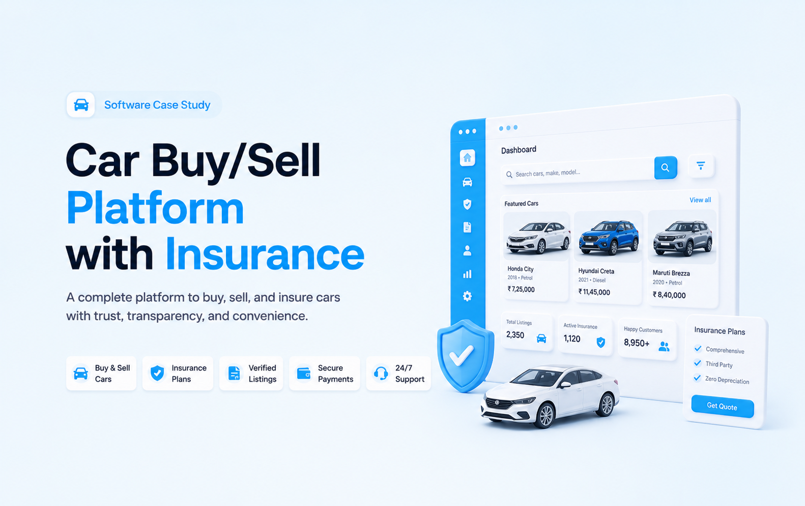 Car marketplace mockup with vehicle listings, search filters, insurance options, lead dashboard, and car models