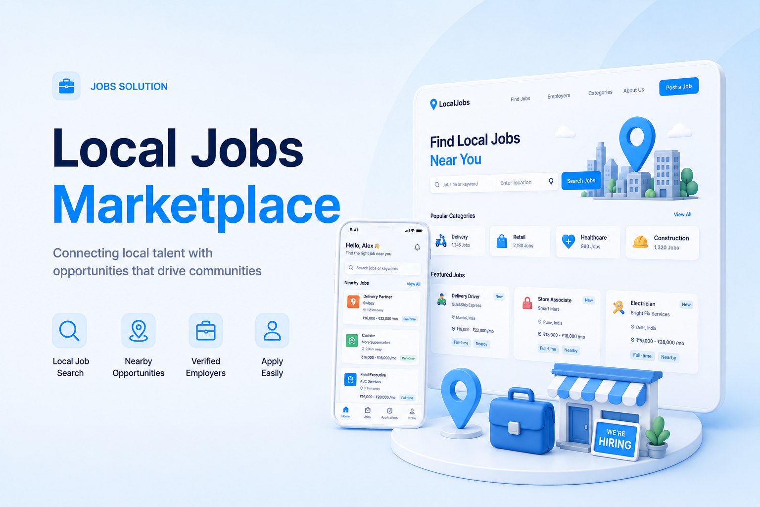 Local jobs marketplace mockup with job listings, location search, employer dashboard, candidate tools, and application features