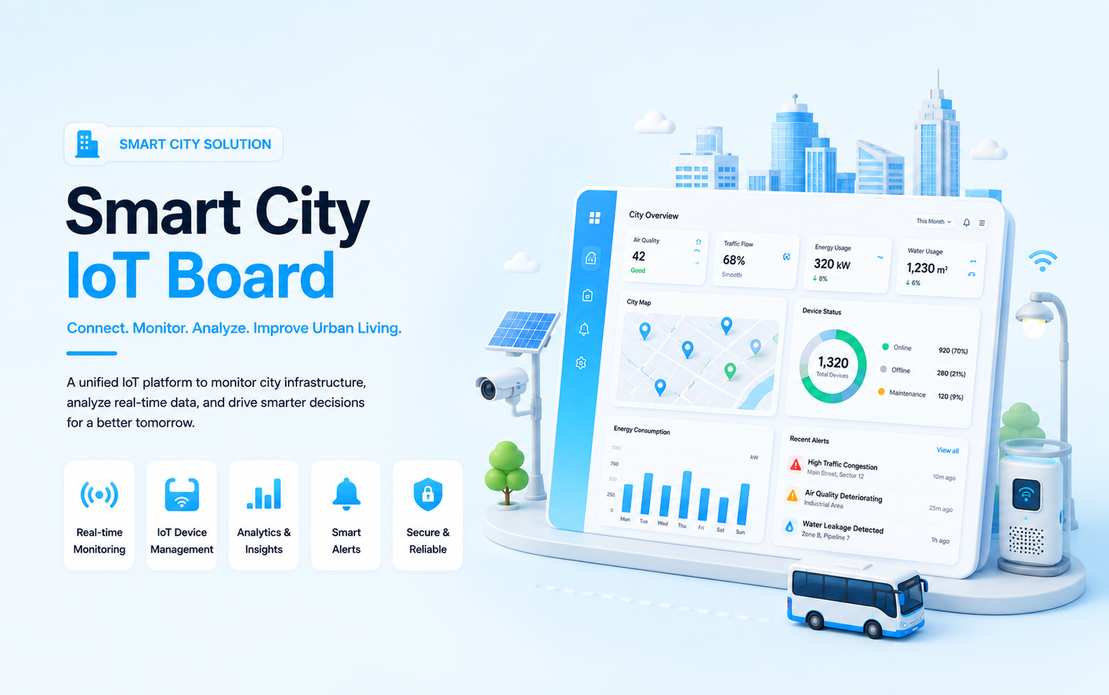 Smart city IoT monitoring board mockup with city map, connected devices, traffic metrics, charts, and infrastructure sensors