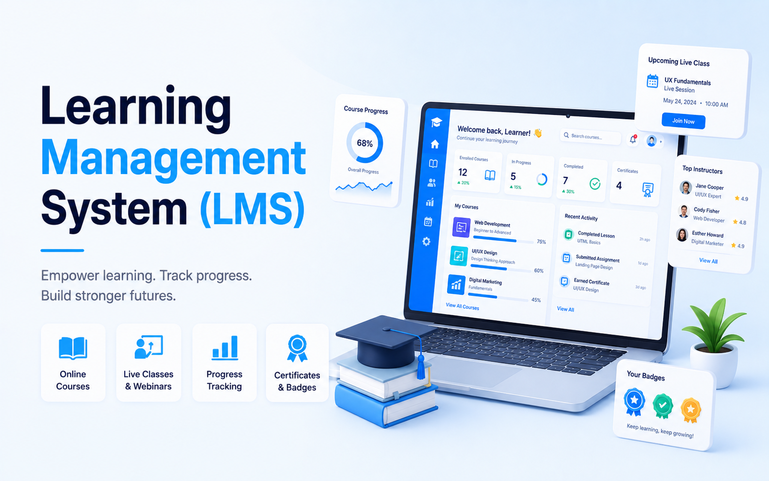 Learning management system mockup with course dashboard, progress tracking, student profiles, laptop, and certificates