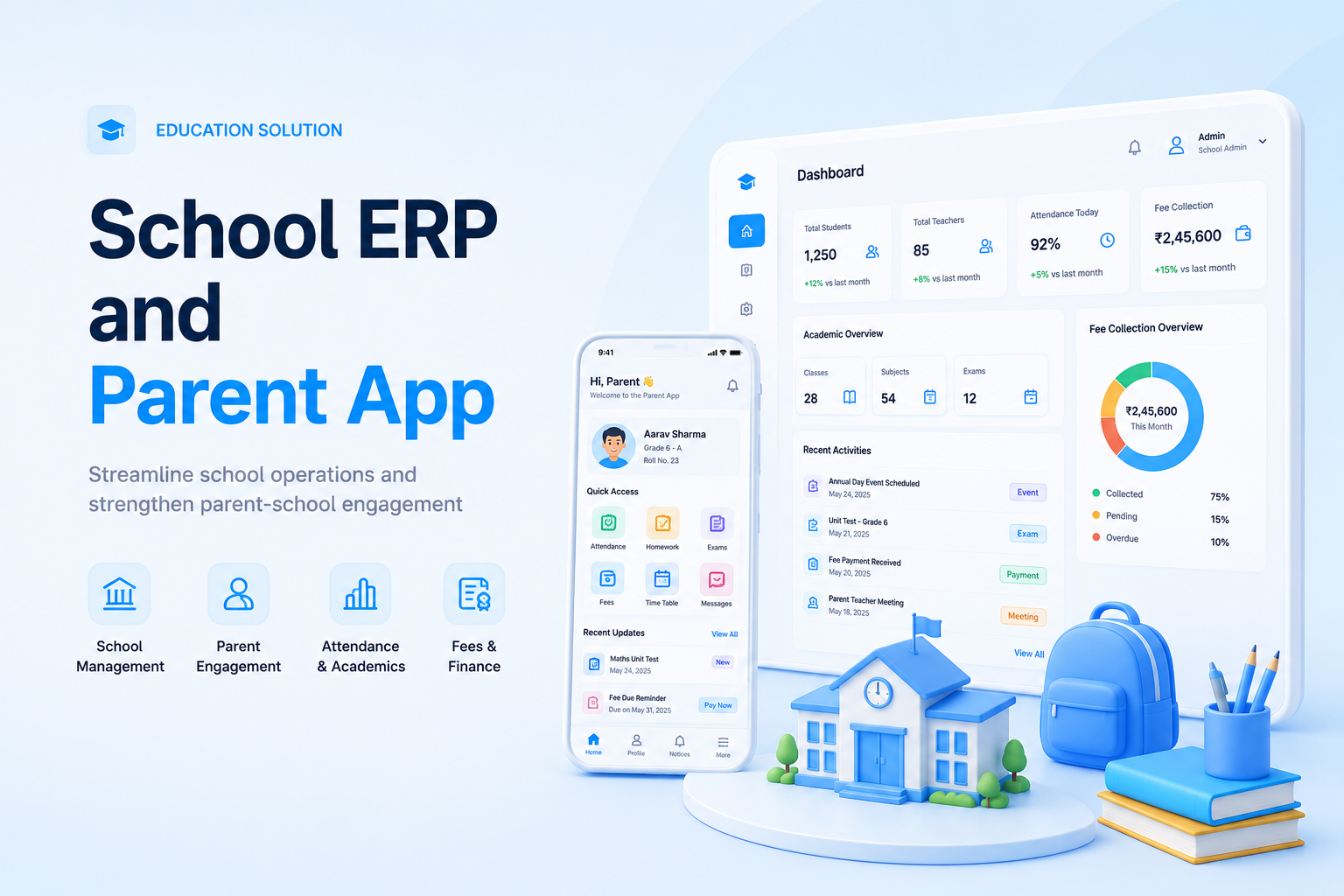School ERP and parent app mockup with student dashboard, attendance, fees, mobile interface, school, and backpack