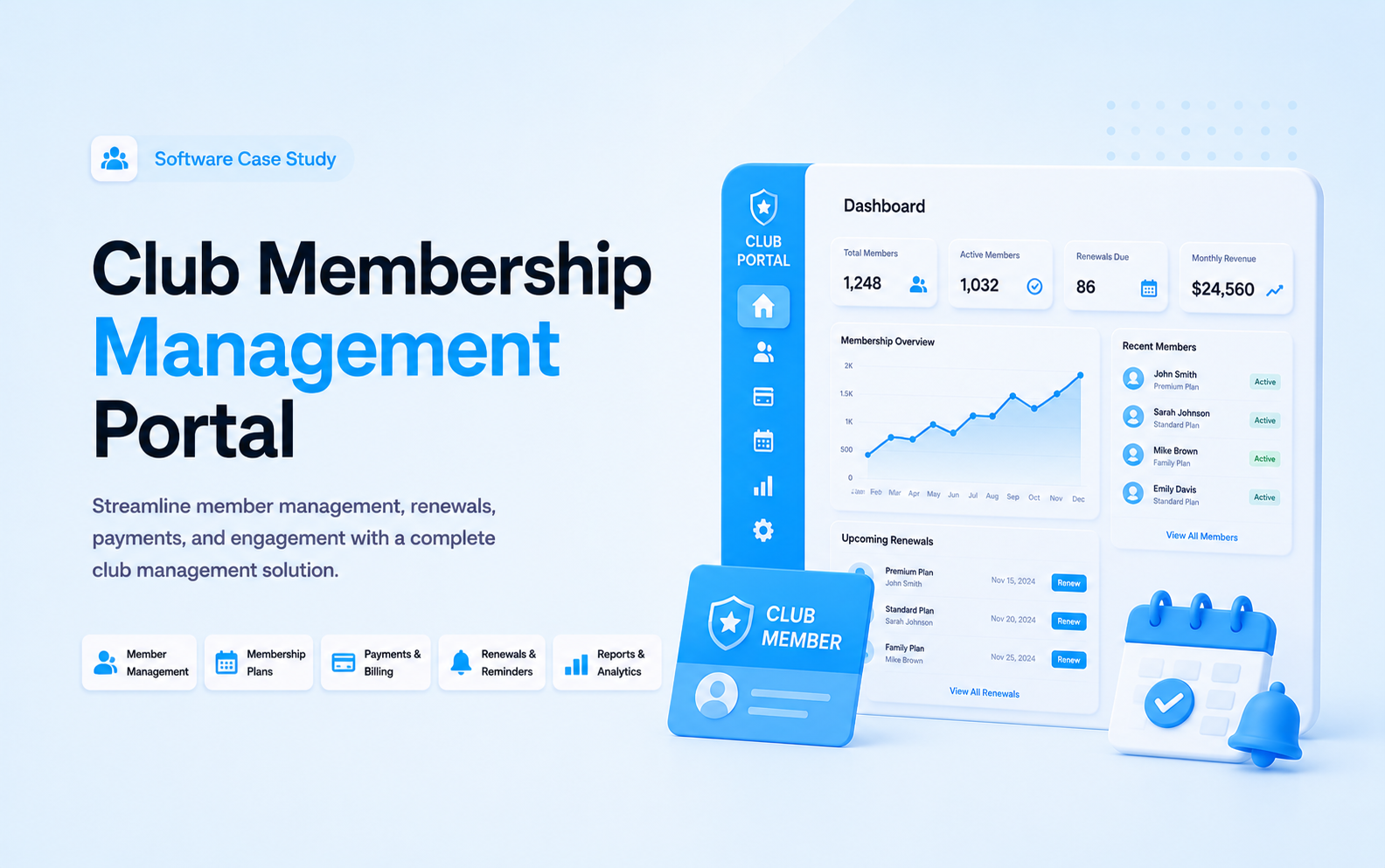 Club membership management portal with member dashboard, renewals, bookings, announcements, mobile app, and membership card
