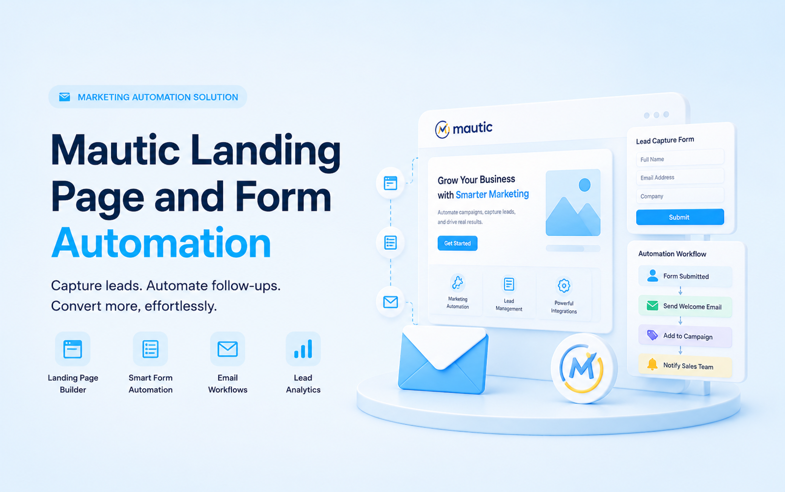 Mautic landing page and form automation mockup with lead form, page builder, email workflow, scoring, and campaign dashboard